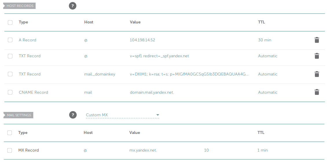 My DNS records for Yandex mail